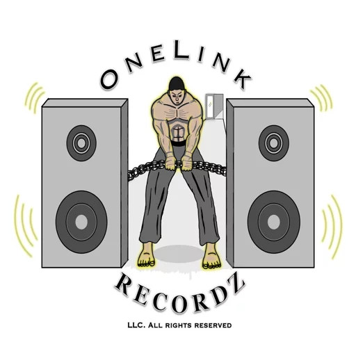 OneLink Recordz logo featuring a man standing between two large speakers, holding them together with a chain. The brand name 'OneLink Recordz' appears above the man and 'Recordz' below him. An open door is visible in the background. Image dimensions are 512x512 pixels, and the background is white.